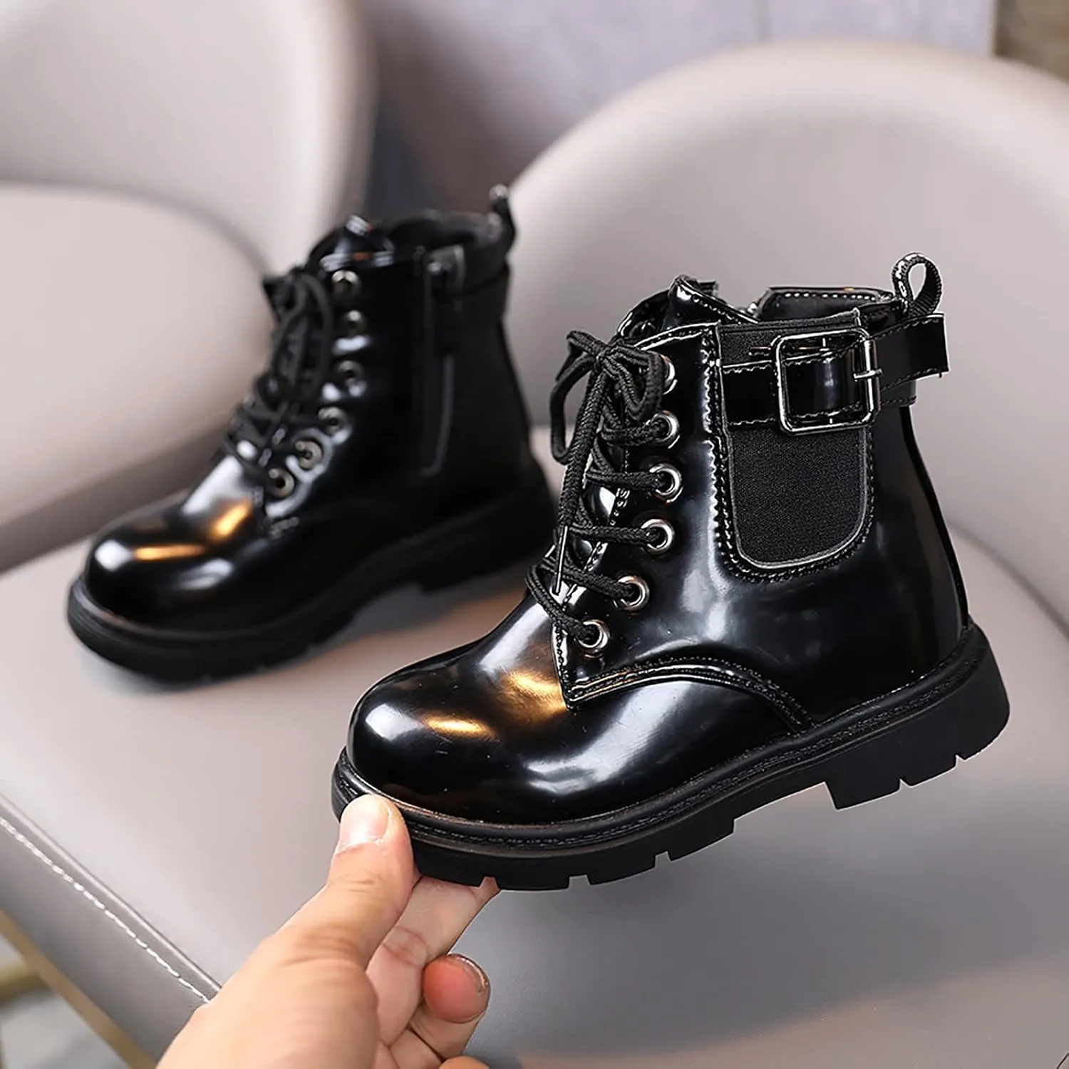 Boys Girls Waterpoor Ankle Boots Lace Up Mid Calf Fashion Boots Winter Warm Outdoor Leather Shoes Toddler Booties (B, 12-18 Months)