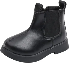 Child Girls Elastic Ankle Boots Kids Round Toe Chunky Low Heel Slip On Cute Dress Booties Winter Shoes with Zipper (Black, 18-24 Months)