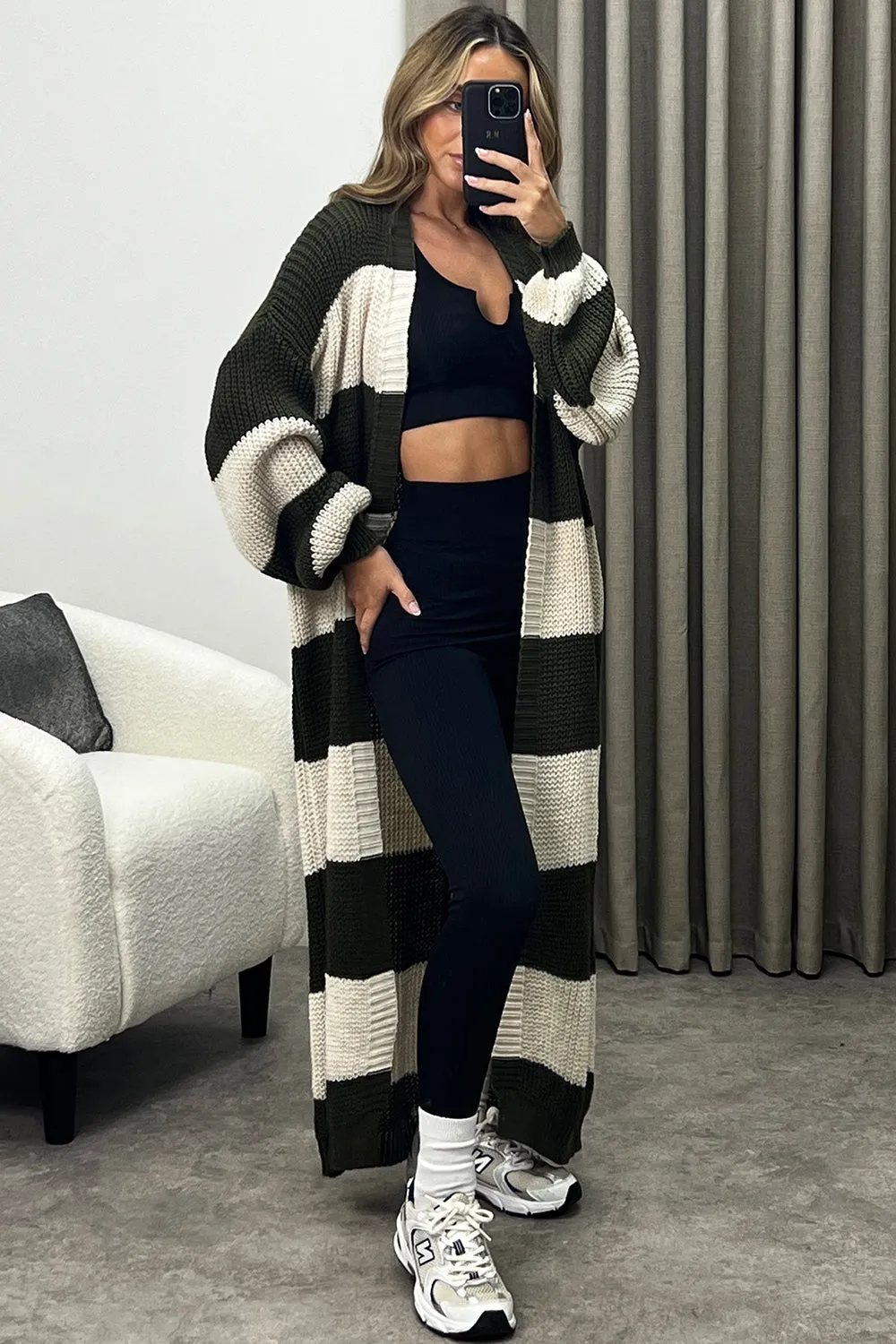 Corinna Khaki and Beige Stripe Maxi Knitted Cardigan