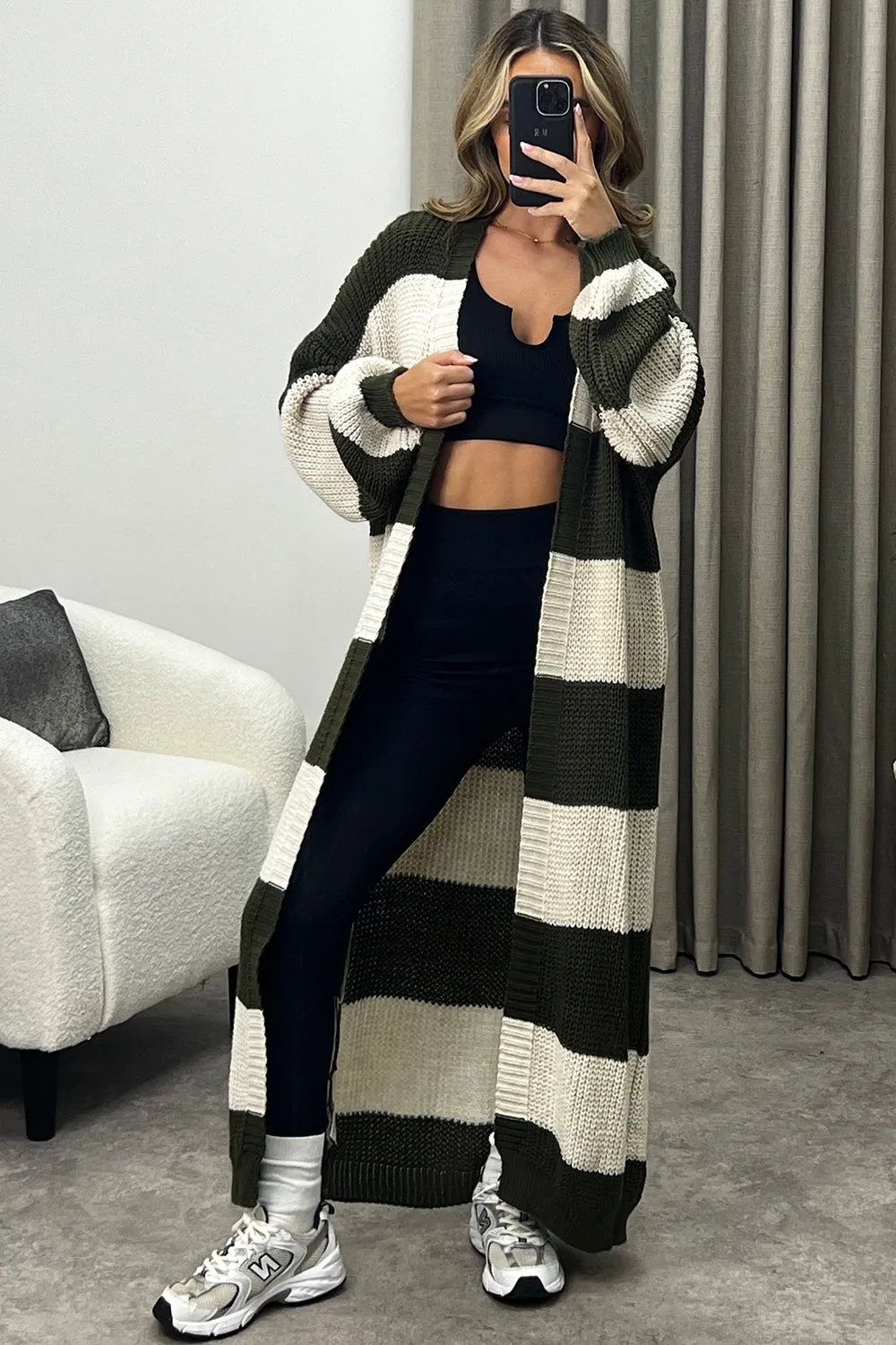 Corinna Khaki and Beige Stripe Maxi Knitted Cardigan