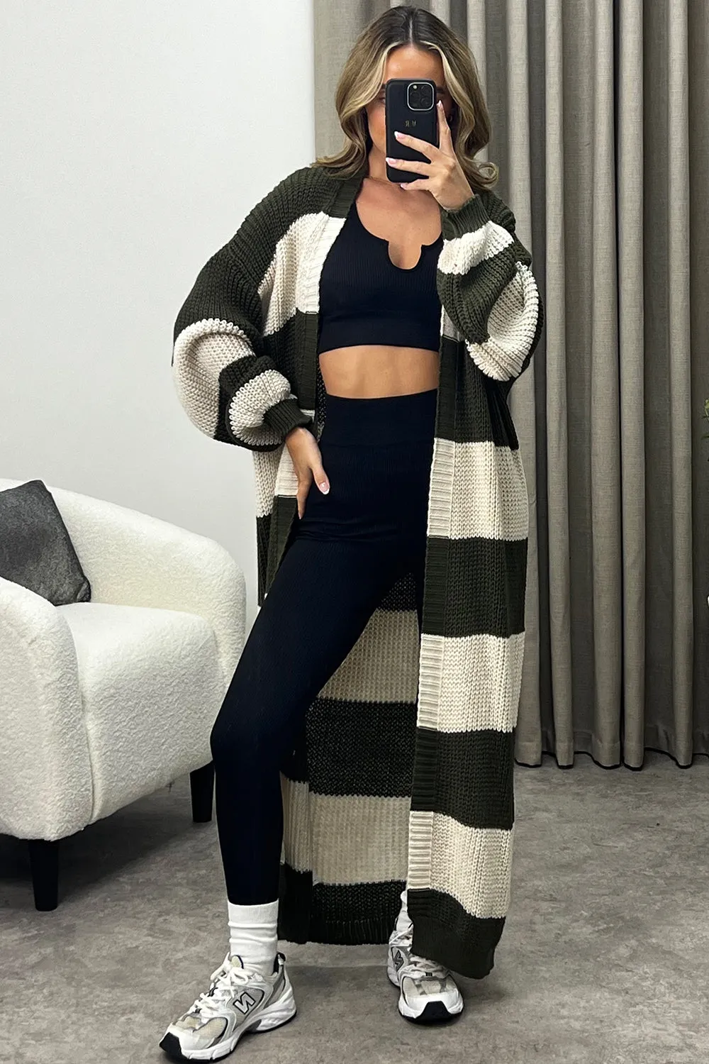 Corinna Khaki and Beige Stripe Maxi Knitted Cardigan