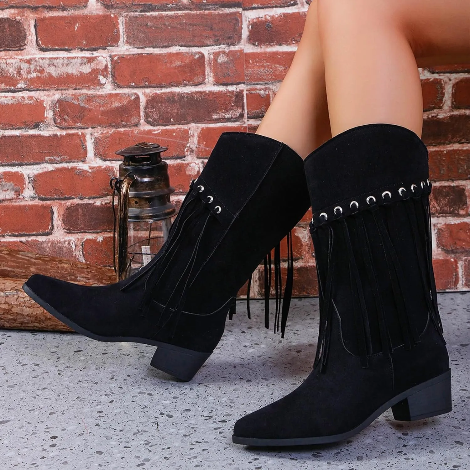 Fringe Boots For Women Mid Calf Cowboy Boots Pointed Toe Western Boots Chunky Heel Wide Calf Boots Suede Combat Boots