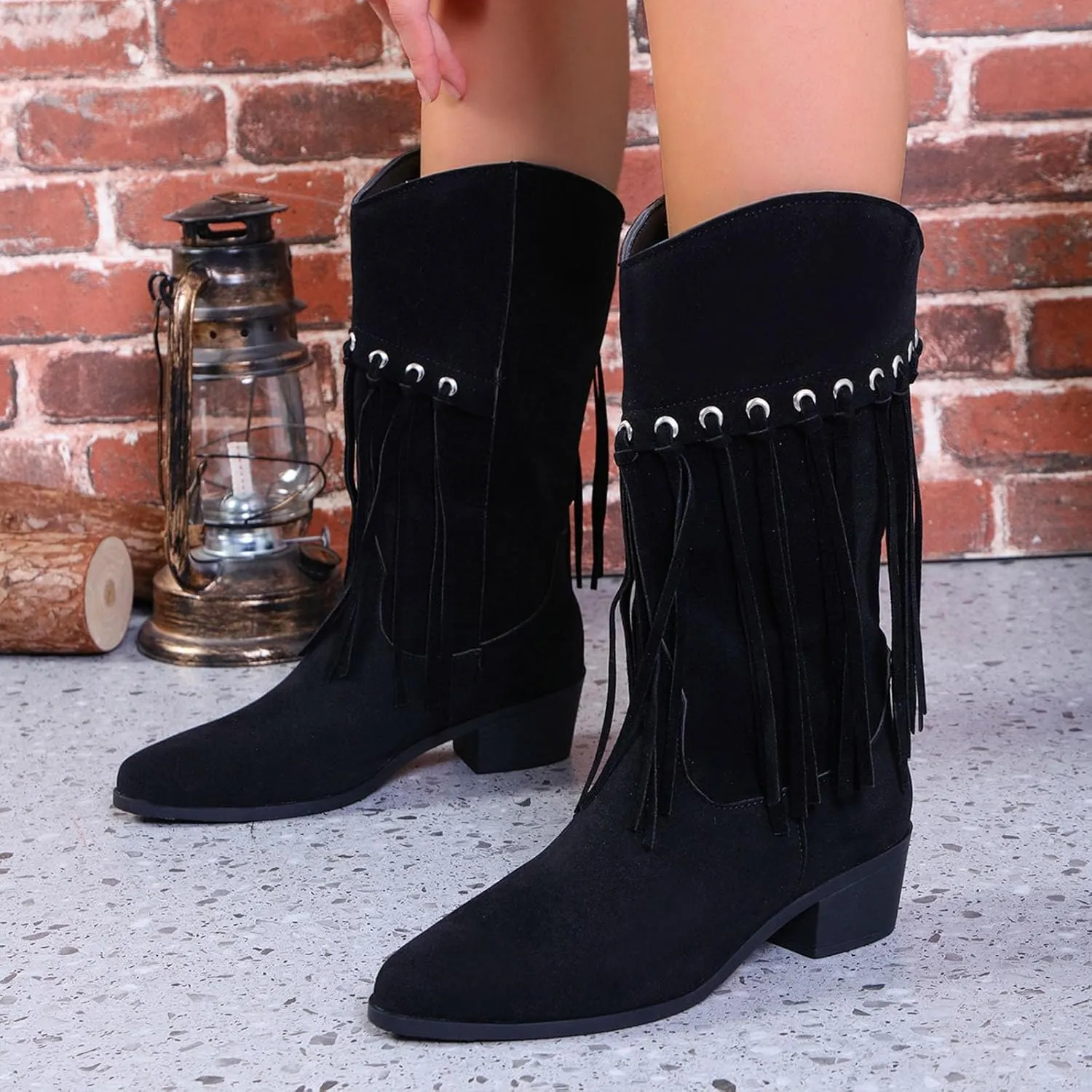 Fringe Boots For Women Mid Calf Cowboy Boots Pointed Toe Western Boots Chunky Heel Wide Calf Boots Suede Combat Boots