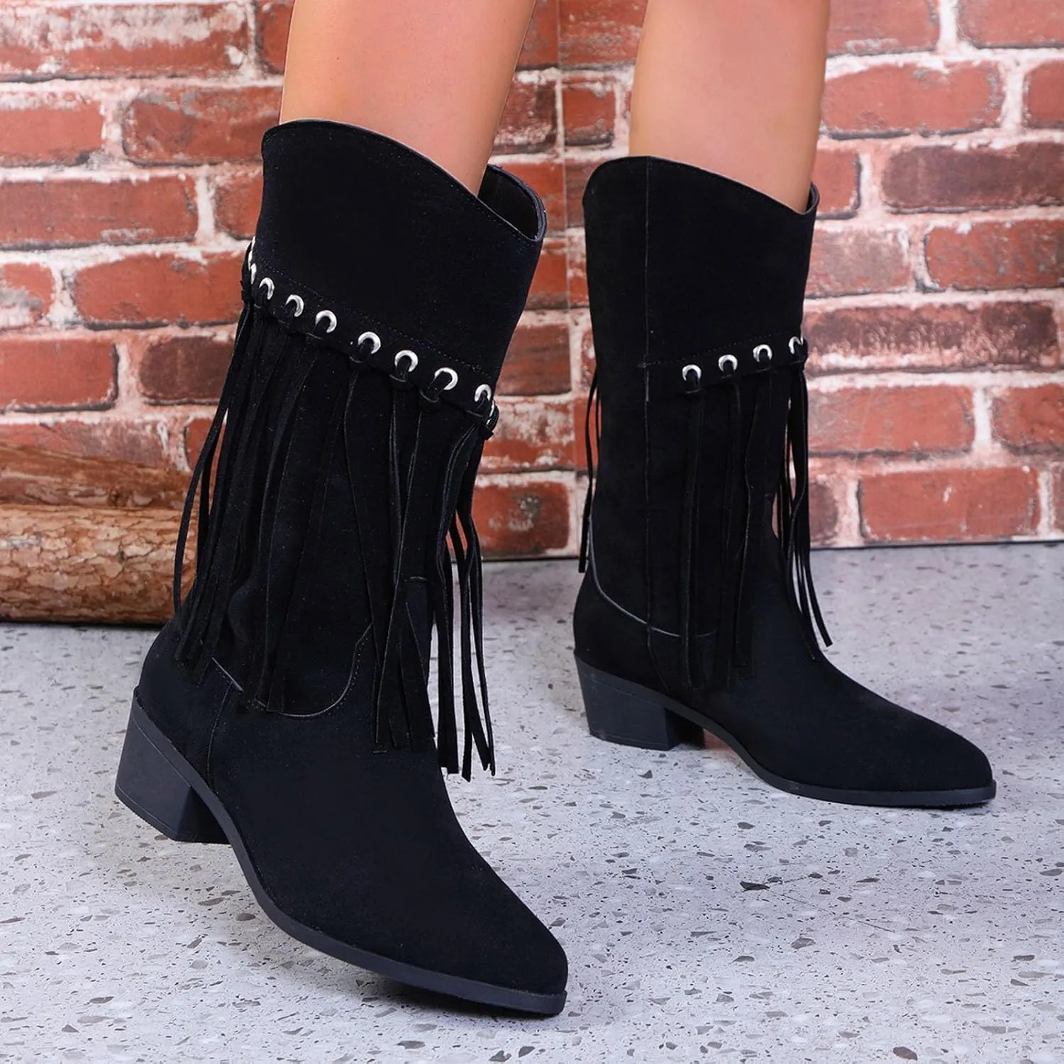Fringe Boots For Women Mid Calf Cowboy Boots Pointed Toe Western Boots Chunky Heel Wide Calf Boots Suede Combat Boots