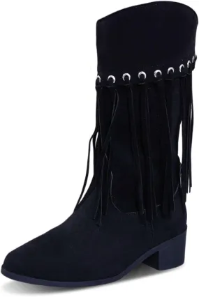 Fringe Boots For Women Mid Calf Cowboy Boots Pointed Toe Western Boots Chunky Heel Wide Calf Boots Suede Combat Boots