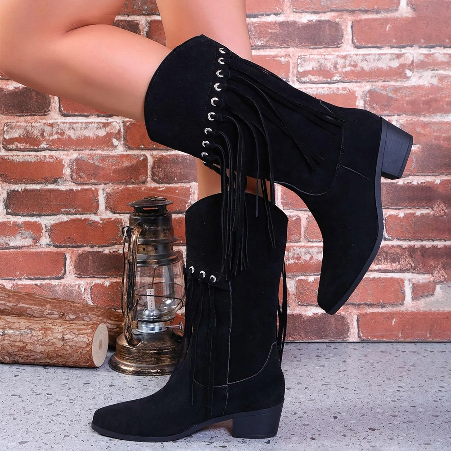 Fringe Boots For Women Mid Calf Cowboy Boots Pointed Toe Western Boots Chunky Heel Wide Calf Boots Suede Combat Boots