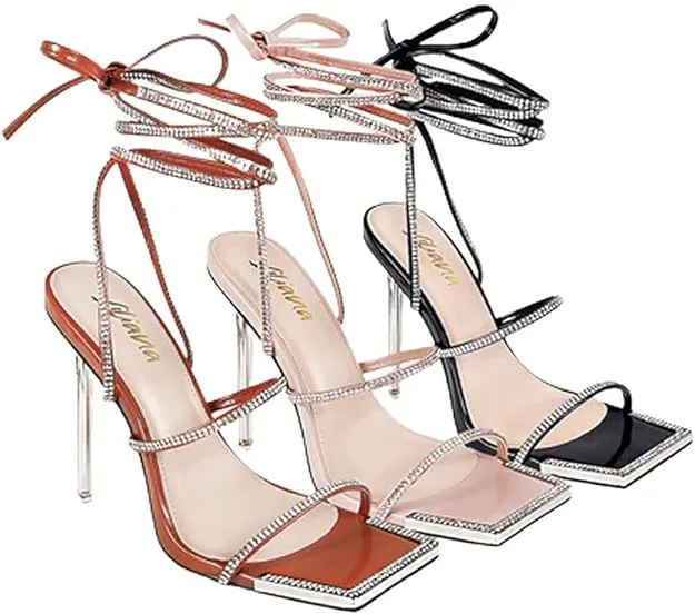 Honey Women Lace Up Rhinestone High Heel Sandals