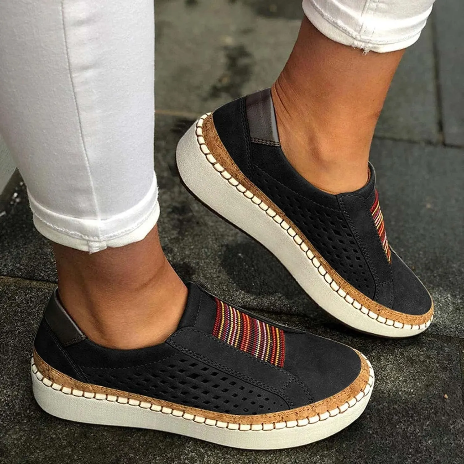 Ladmiple Sneakers For Women Slip On Wide Width Casual Leather Walking Shoes Dressy Casual Summer Lace Up Platform Loafer