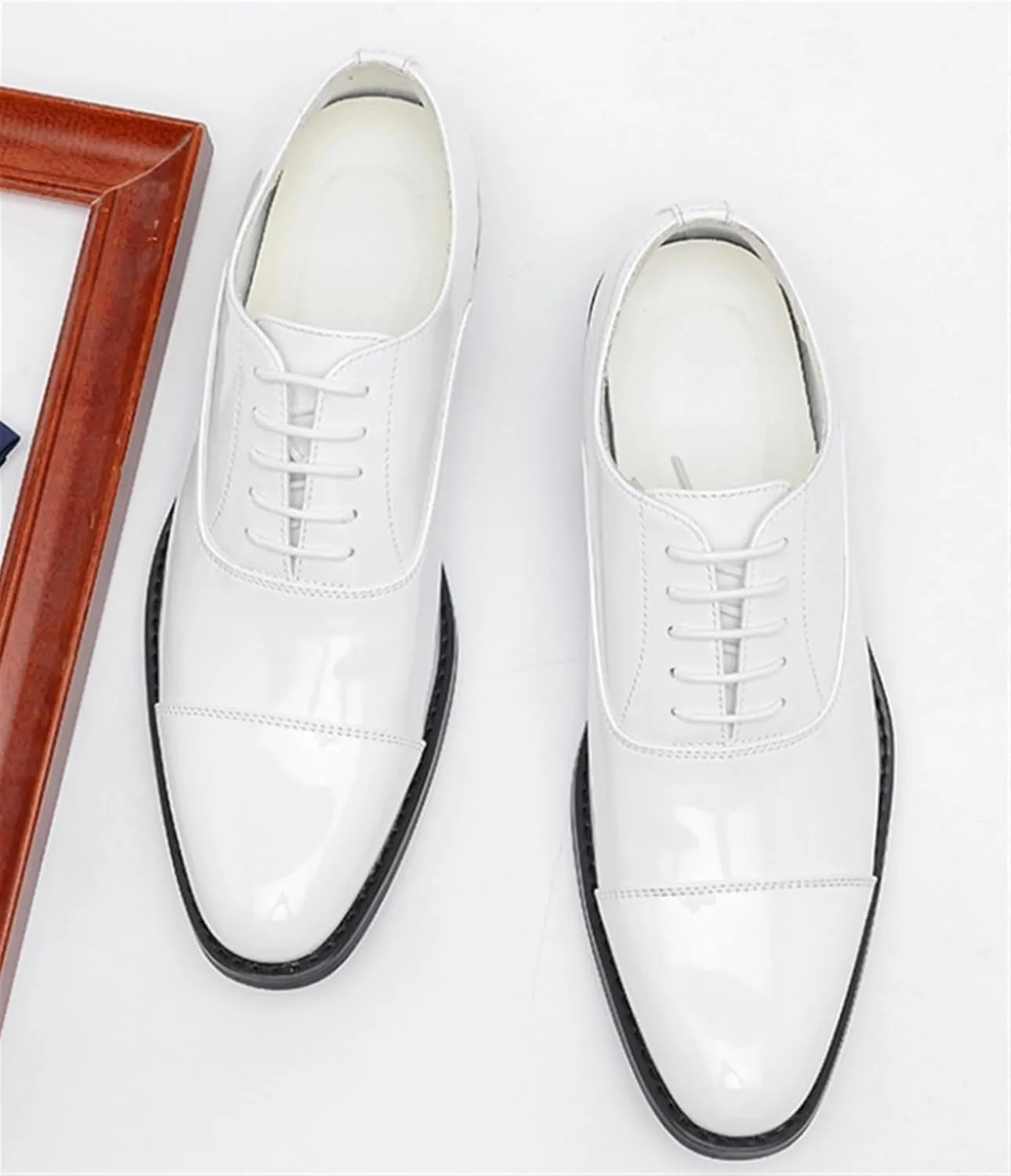 Men's Patent Leather Oxfords Casual Shoes Dress Formal Leather Cap Toe Derby Shoes Lace Up Walking Fashion Low-top Leather Shoes for Wedding Prom Business