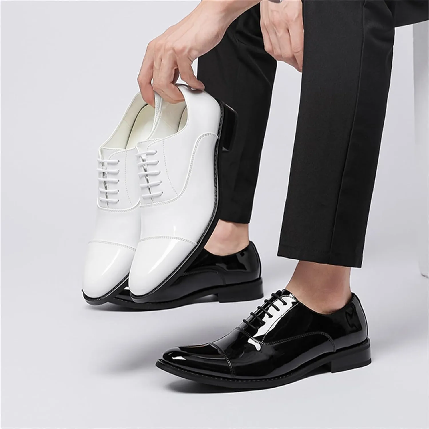 Men's Patent Leather Oxfords Casual Shoes Dress Formal Leather Cap Toe Derby Shoes Lace Up Walking Fashion Low-top Leather Shoes for Wedding Prom Business
