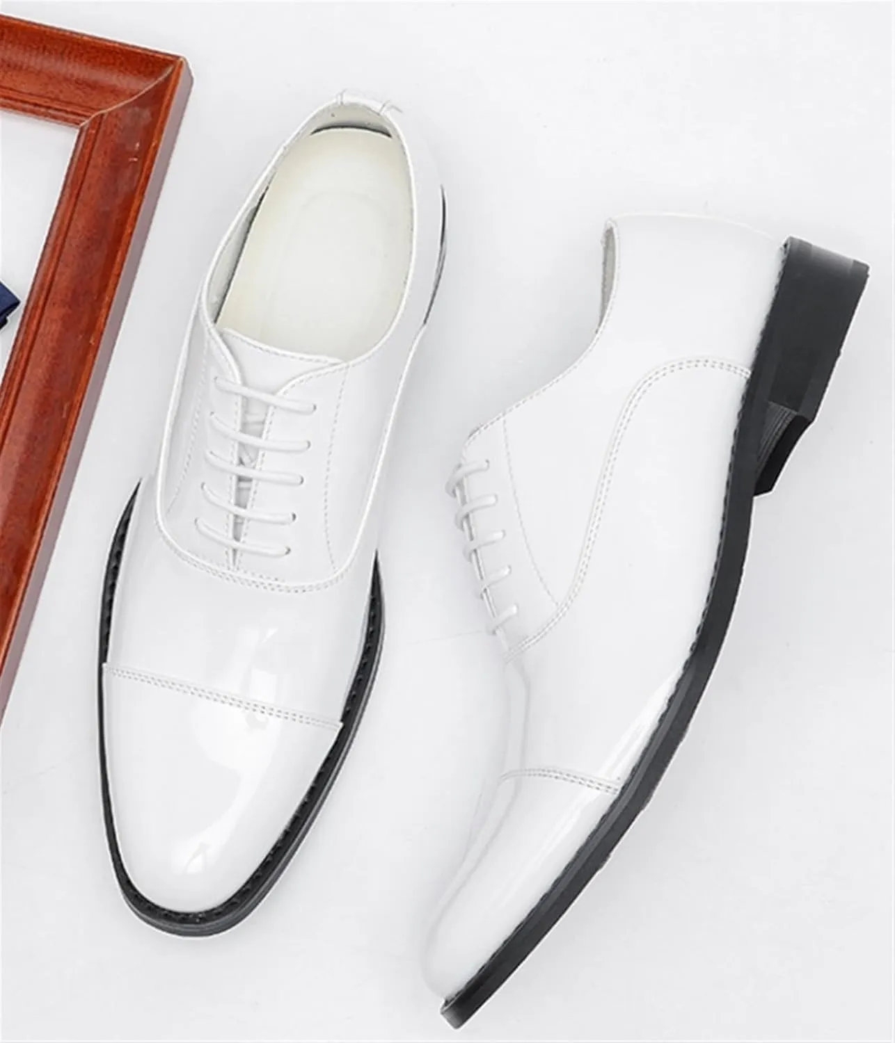 Men's Patent Leather Oxfords Casual Shoes Dress Formal Leather Cap Toe Derby Shoes Lace Up Walking Fashion Low-top Leather Shoes for Wedding Prom Business