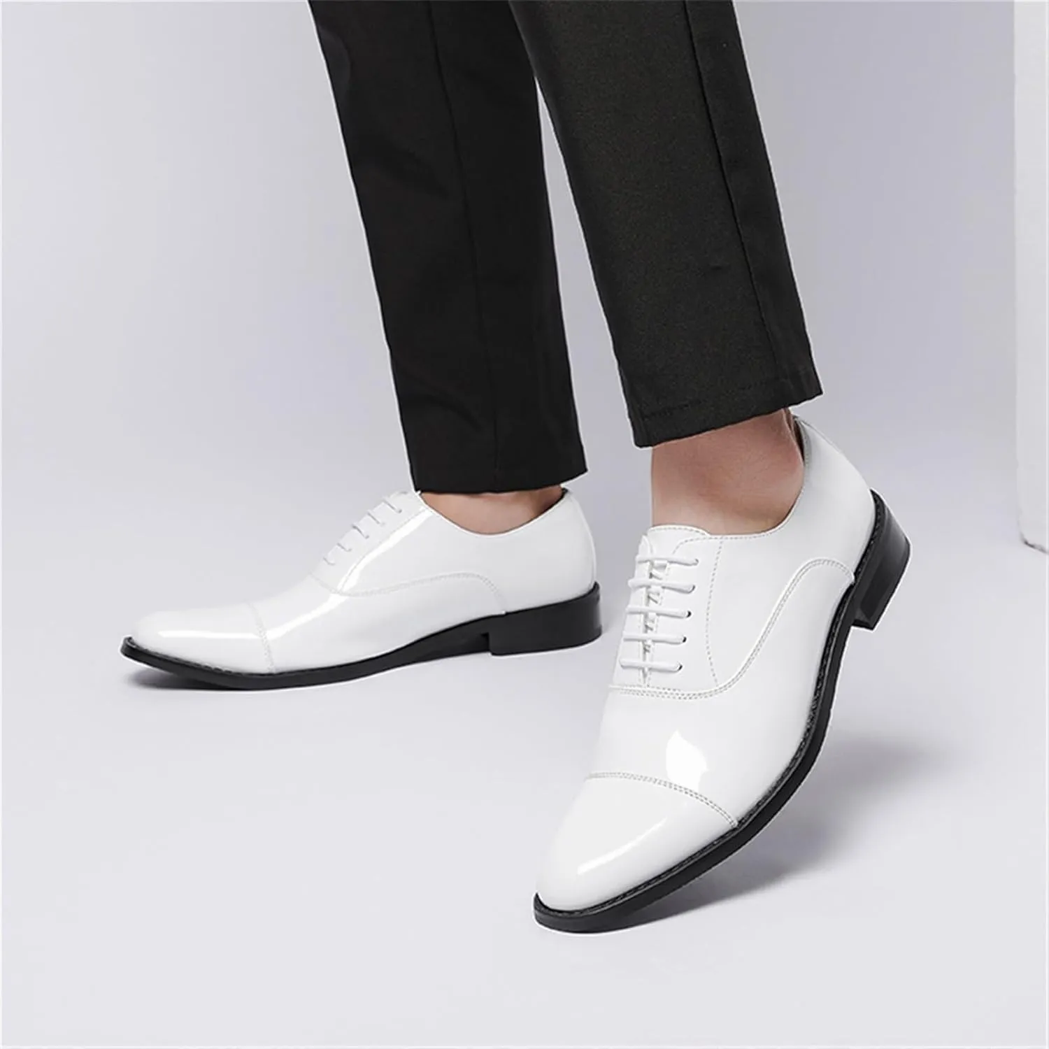 Men's Patent Leather Oxfords Casual Shoes Dress Formal Leather Cap Toe Derby Shoes Lace Up Walking Fashion Low-top Leather Shoes for Wedding Prom Business