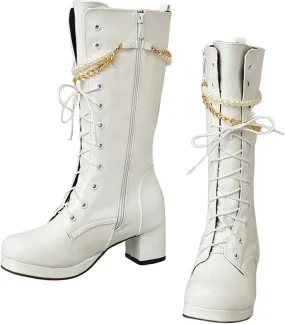 Modern Fashion Riding Boots for Women,Lace Up Side Zipper Gogo Boots Chunky Heel Platform Round Toe Combat Boots with Stylish Gold Metal Chain Pearl Chain for Women Fashion Party