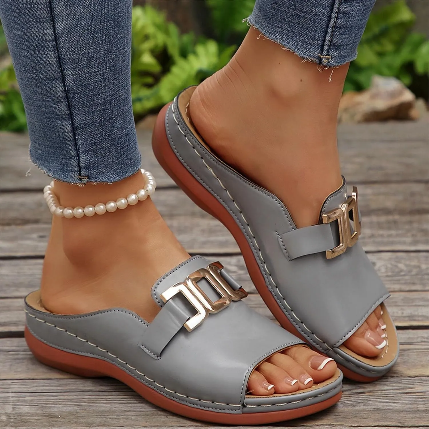Orthopedic Slides For Women With Arch Support Fashion Comfort Metal Straps Sandals Ladies Orthotic Slip On Sandals