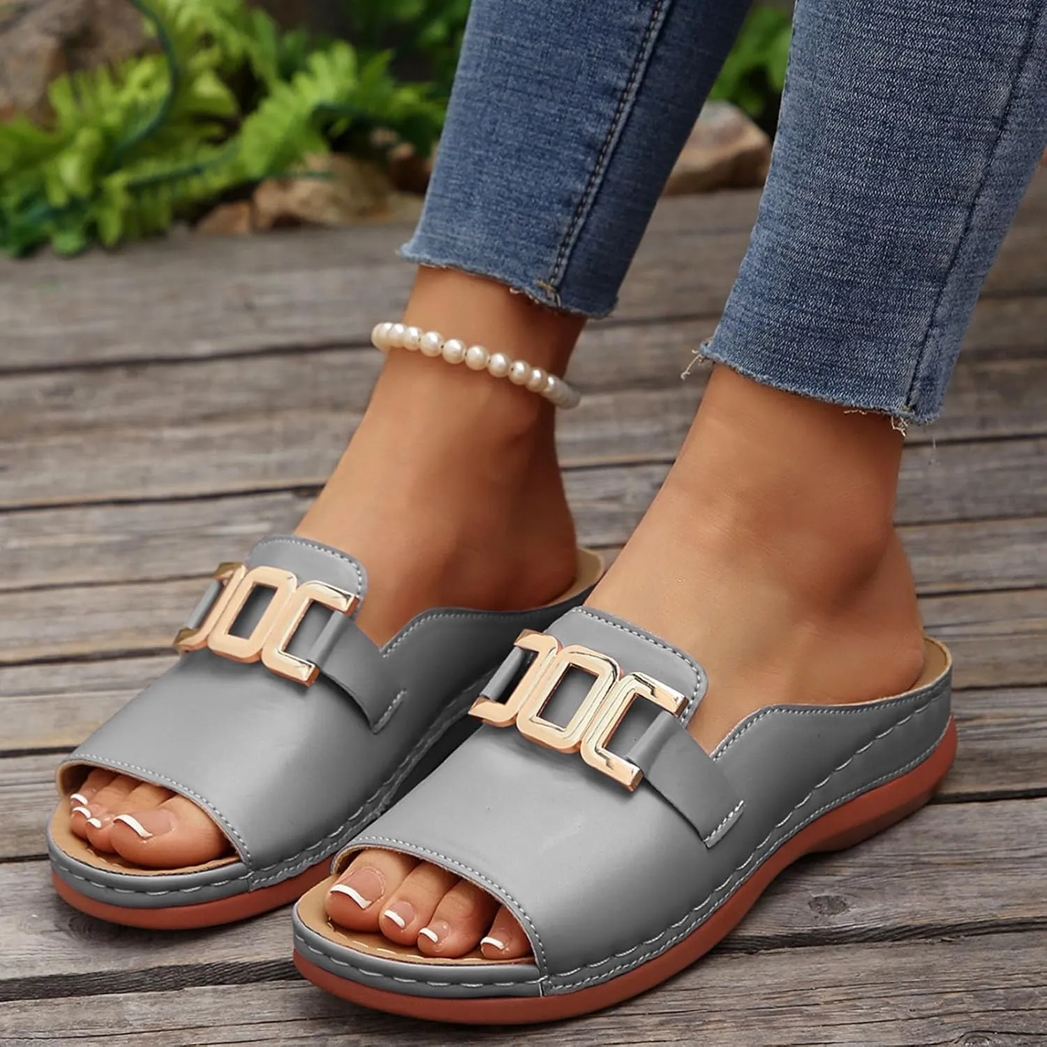 Orthopedic Slides For Women With Arch Support Fashion Comfort Metal Straps Sandals Ladies Orthotic Slip On Sandals