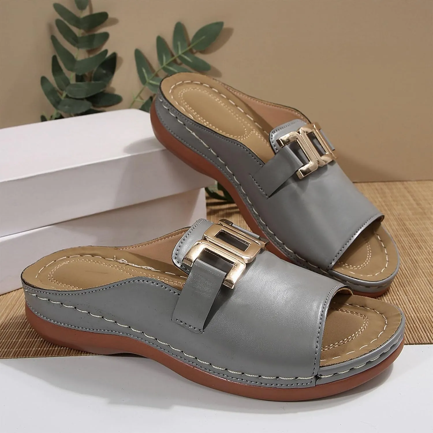 Orthopedic Slides For Women With Arch Support Fashion Comfort Metal Straps Sandals Ladies Orthotic Slip On Sandals