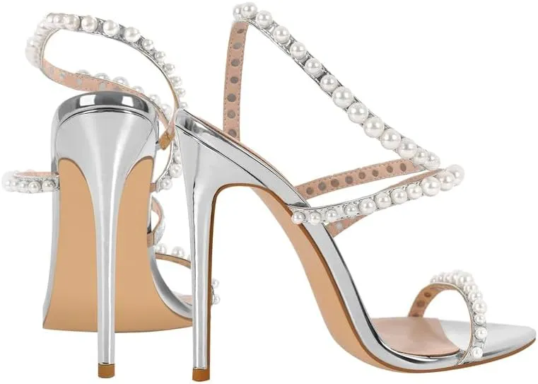 richealnini Stiletto High Heels Pointed Toe Heeled Sandals with Pearls Strappy Heels