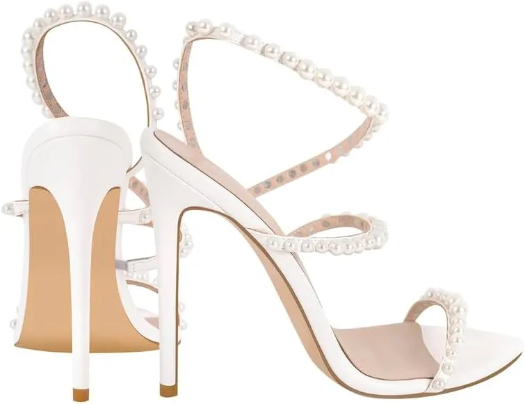 richealnini Stiletto High Heels Pointed Toe Heeled Sandals with Pearls Strappy Heels