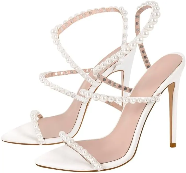 richealnini Stiletto High Heels Pointed Toe Heeled Sandals with Pearls Strappy Heels