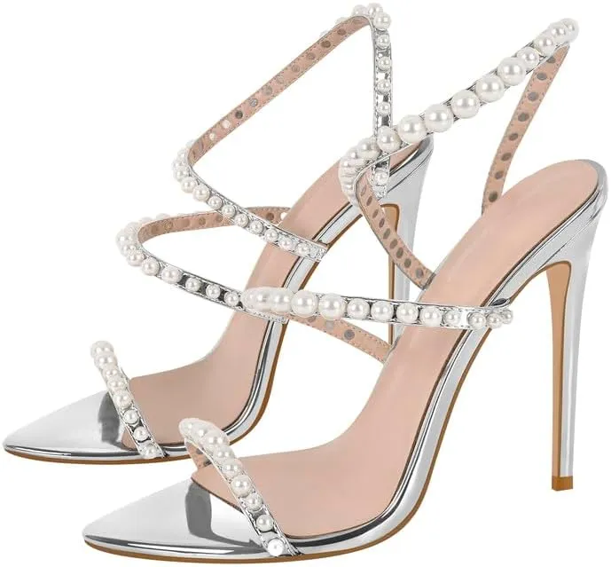richealnini Stiletto High Heels Pointed Toe Heeled Sandals with Pearls Strappy Heels