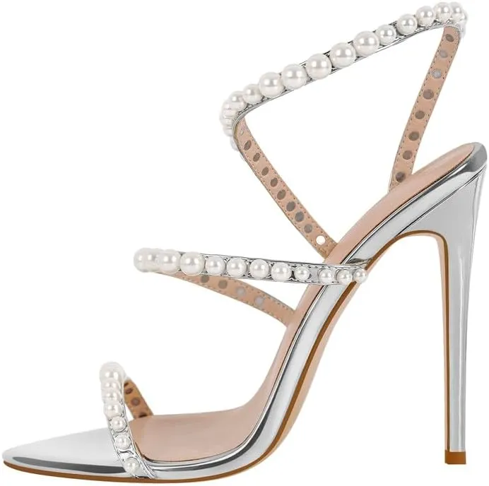 richealnini Stiletto High Heels Pointed Toe Heeled Sandals with Pearls Strappy Heels
