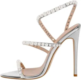 richealnini Stiletto High Heels Pointed Toe Heeled Sandals with Pearls Strappy Heels