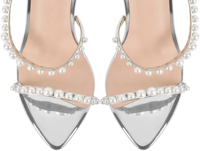 richealnini Stiletto High Heels Pointed Toe Heeled Sandals with Pearls Strappy Heels