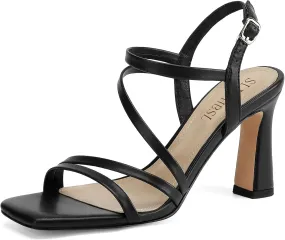Strappy Heels for Women Dressy Heeled Sandals Square Toe Heels with Ankle Strap Chunky High Heels