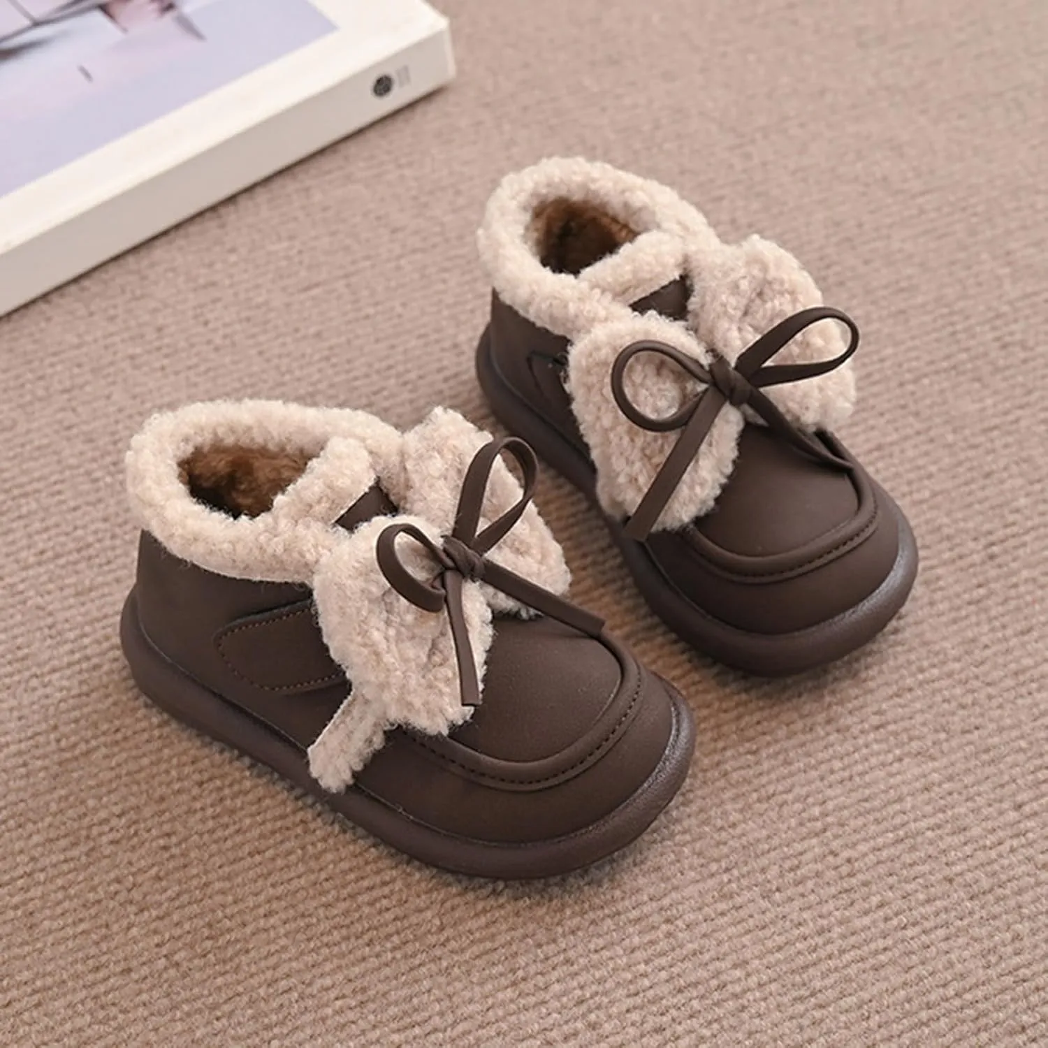 Toddler Girls Fleece Plush Ankle Boots Kids Winter Fashion Cute Bowknot Cotton Fr ining Comfy Soft Warm Shoes