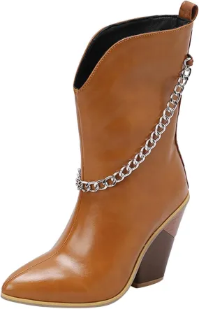Wide Calf Boots for Women Concise Solid Leather Mid-Calf Boots Chunky Block High Heel Boots Comfy Support Casual Walking Outdoor Waterproof Non-Slip Boots 2023 Fashion Trendy Metal Chain Boots