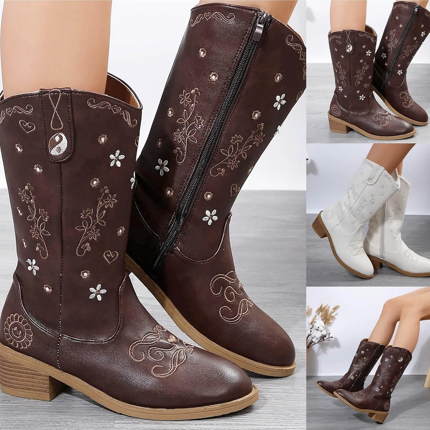 Wide Calf Cowboy Boots Women Cowgirl Boots Womens Western Boots Embroidered Chunky Heels Side Zipper Riding Boots