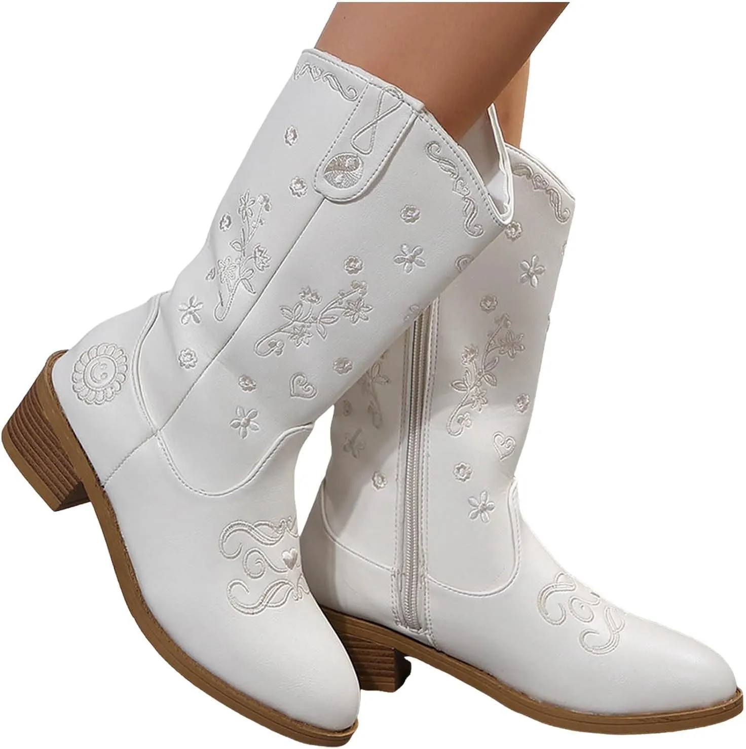 Wide Calf Cowboy Boots Women Cowgirl Boots Womens Western Boots Embroidered Chunky Heels Side Zipper Riding Boots