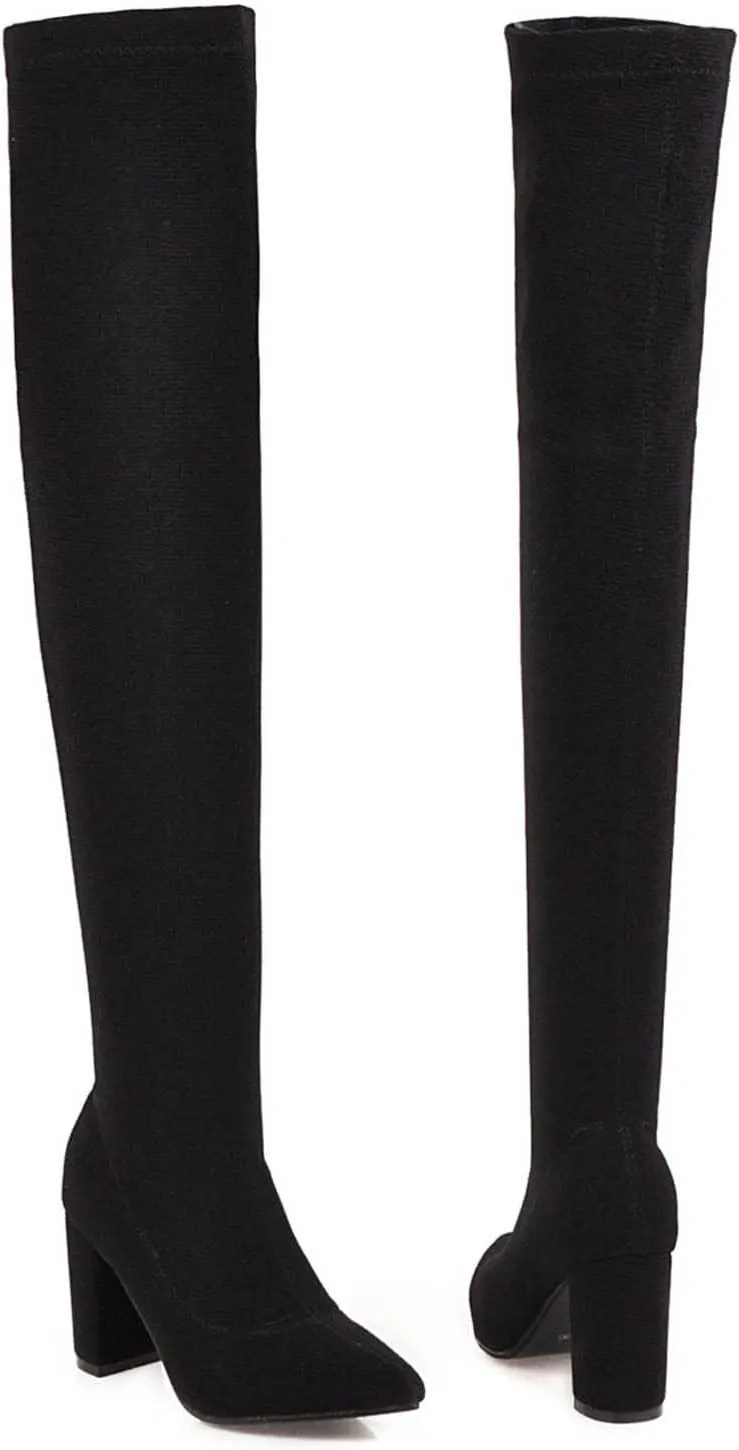 wodceeke Women's Thigh High Suede Boots Over the Knee Stretch Boots Pointed Toe Chunky Heel Winter Knit Sexy Long Boots