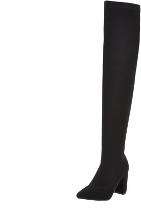 wodceeke Women's Thigh High Suede Boots Over the Knee Stretch Boots Pointed Toe Chunky Heel Winter Knit Sexy Long Boots