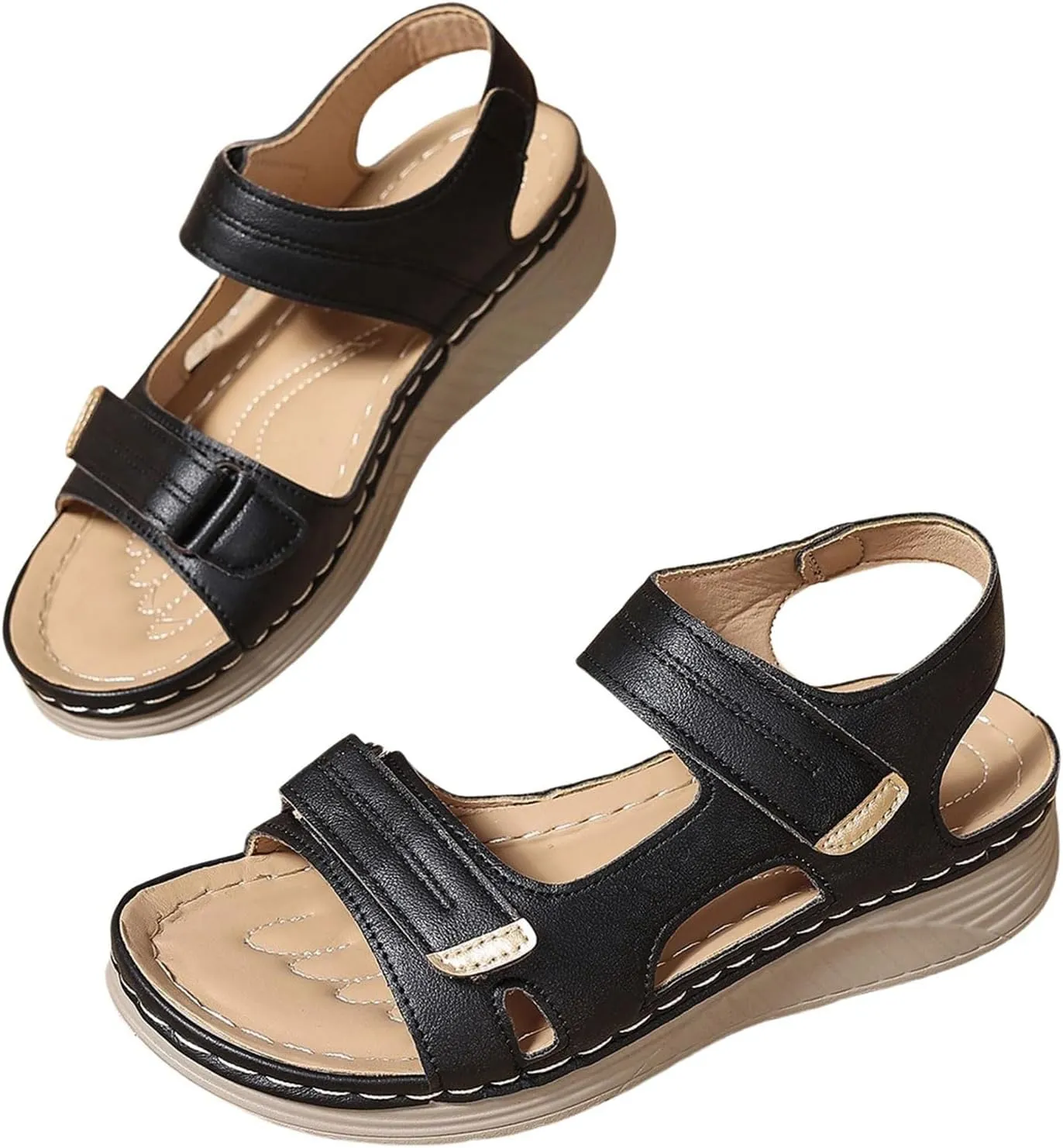 Women Comfortable Sandals Orthotic Walking Orthopedic Arch Support Dressy Sandal Non-Slip Peep Toe Slingback Wide Width Shoes Casual Platform Hollow Flat Adjustable Hook Loop Flip Flops