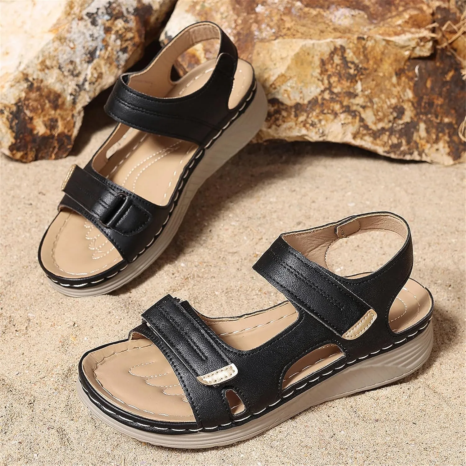Women Comfortable Sandals Orthotic Walking Orthopedic Arch Support Dressy Sandal Non-Slip Peep Toe Slingback Wide Width Shoes Casual Platform Hollow Flat Adjustable Hook Loop Flip Flops
