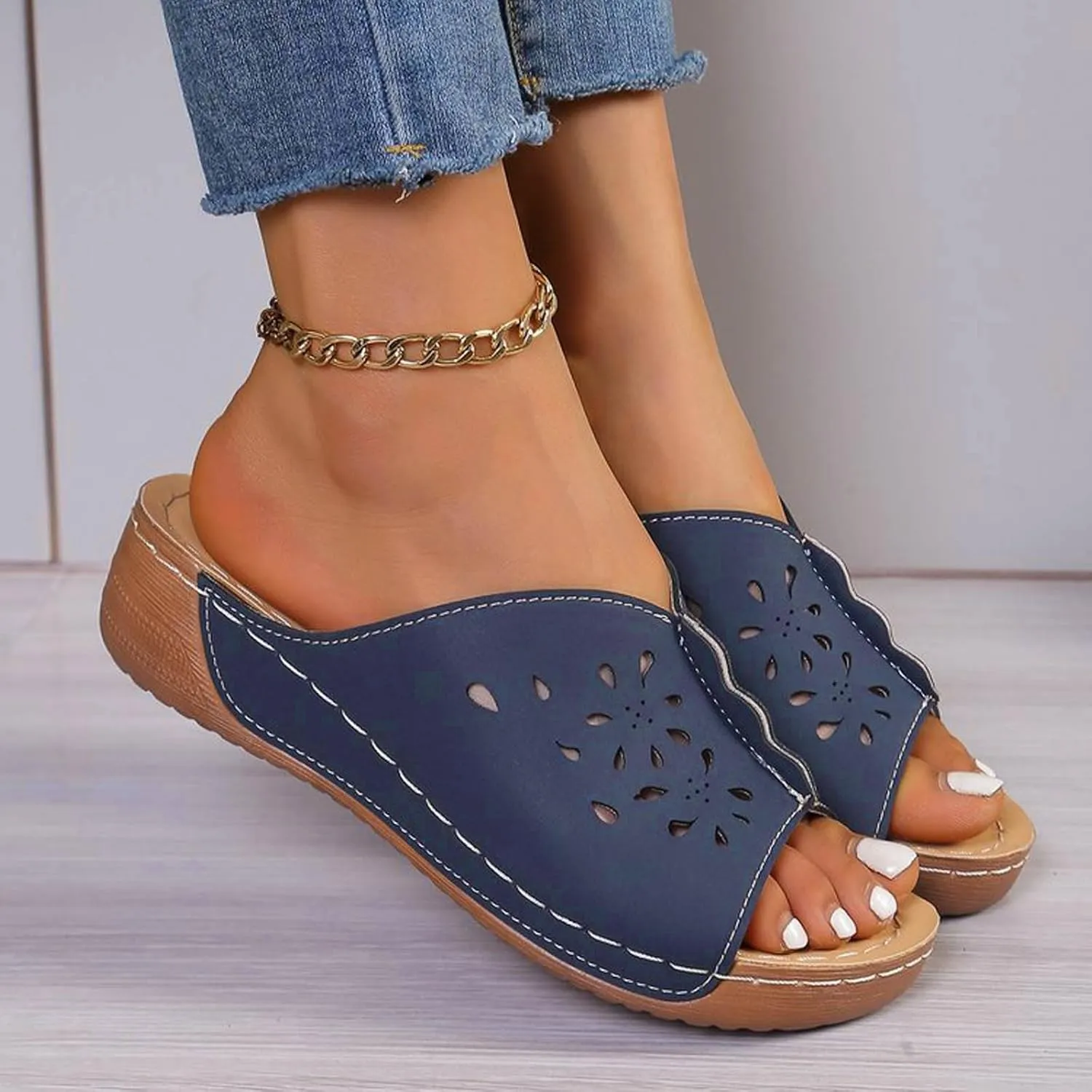 Women Orthopedic Wedge Sandals Slip On Dressy Summer Comfortable Slides Slippers Hollow Leather Yoga Mat Slippers for Summer and Daily Wear