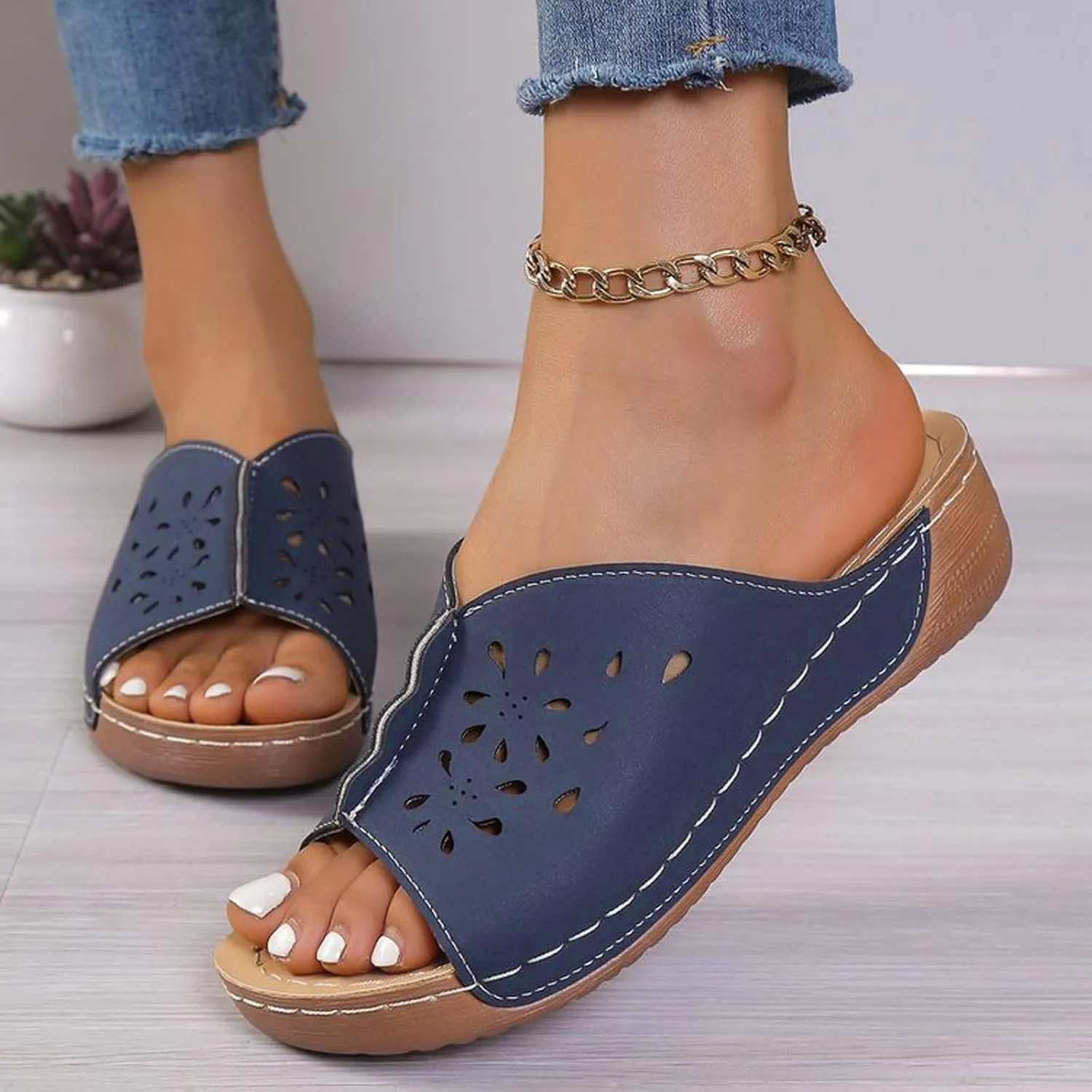 Women Orthopedic Wedge Sandals Slip On Dressy Summer Comfortable Slides Slippers Hollow Leather Yoga Mat Slippers for Summer and Daily Wear