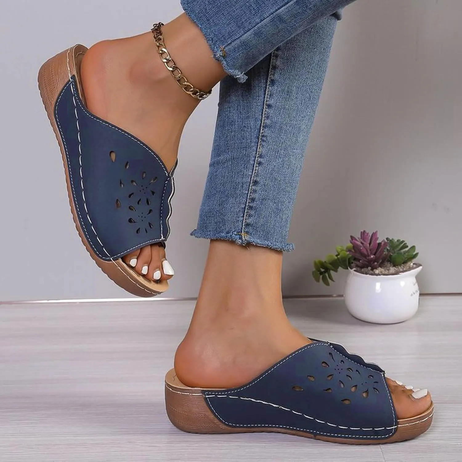 Women Orthopedic Wedge Sandals Slip On Dressy Summer Comfortable Slides Slippers Hollow Leather Yoga Mat Slippers for Summer and Daily Wear