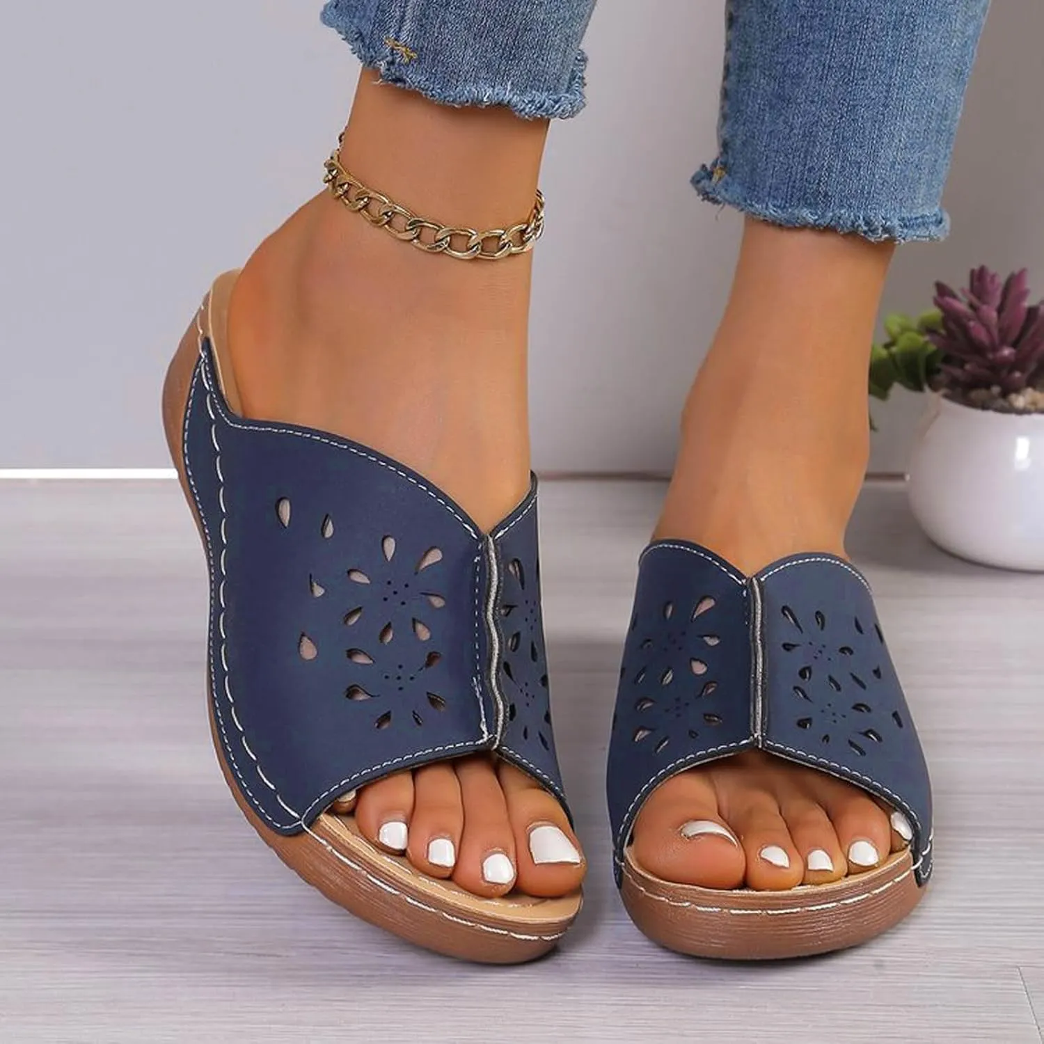 Women Orthopedic Wedge Sandals Slip On Dressy Summer Comfortable Slides Slippers Hollow Leather Yoga Mat Slippers for Summer and Daily Wear