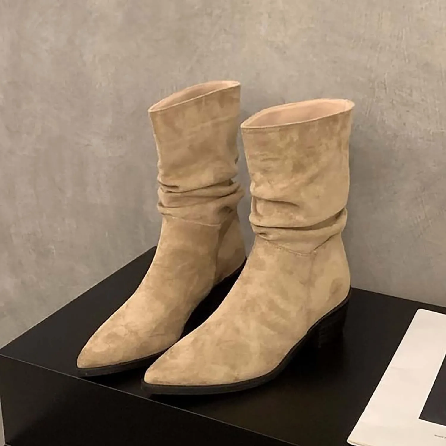 Womens Boots Mid Calf Pointed Toe Square Heel Boots for Women Knee High Wide Calf Knee High Boots for Women