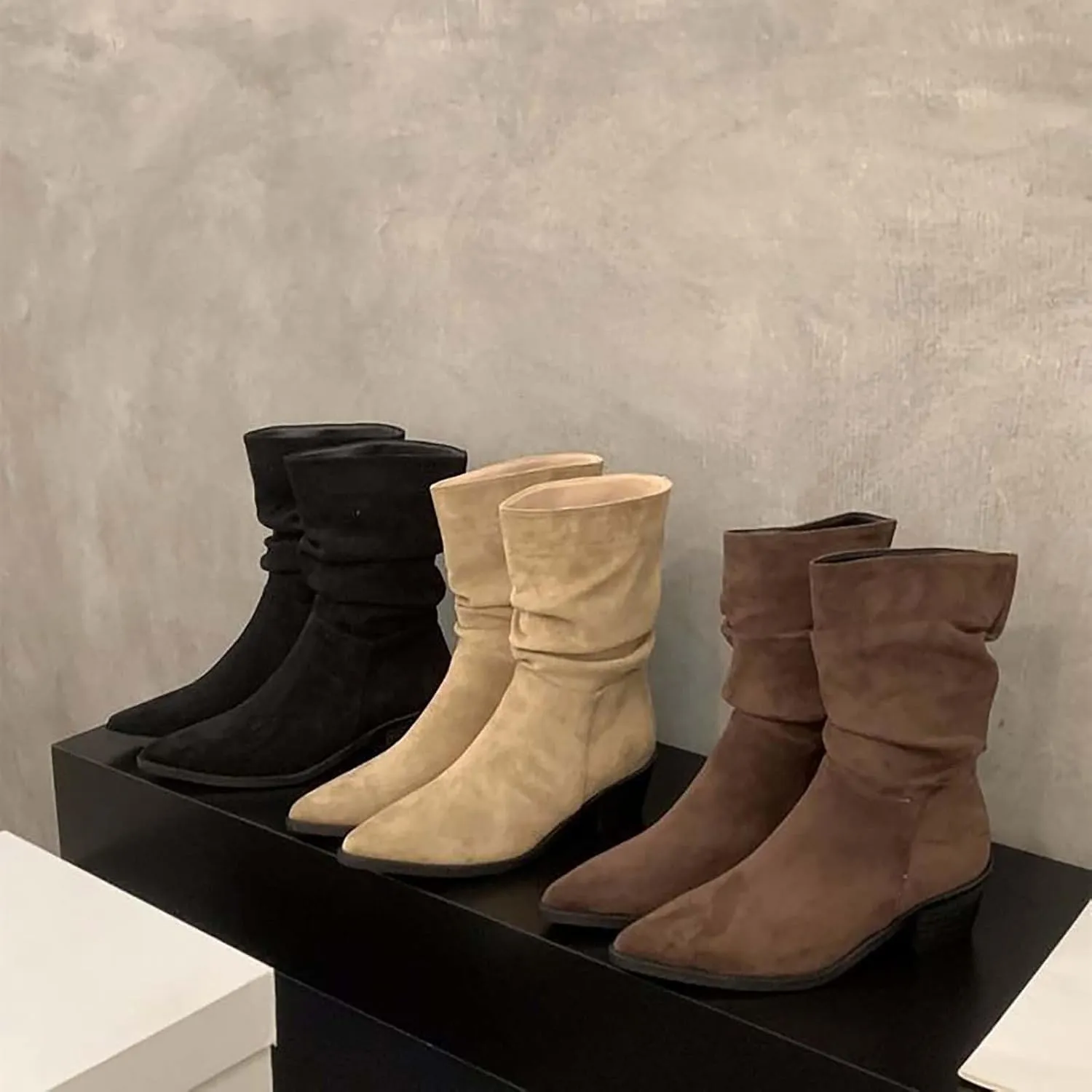 Womens Boots Mid Calf Pointed Toe Square Heel Boots for Women Knee High Wide Calf Knee High Boots for Women