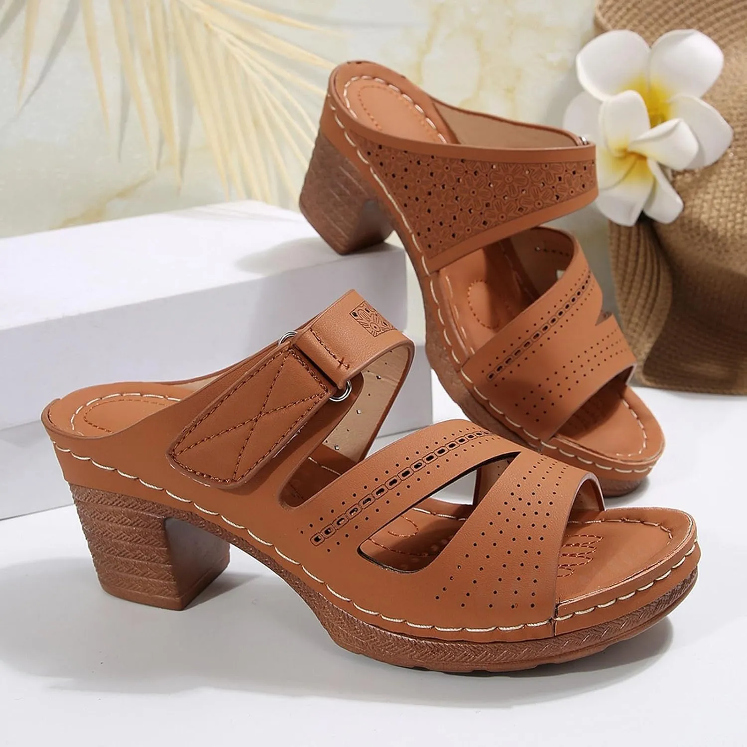 Women's Heeled Sandals Open Toe Casual Comfy Slipper 2025 Summer Hollow Out Low Block Chunky Heels Beach Walking Shoes