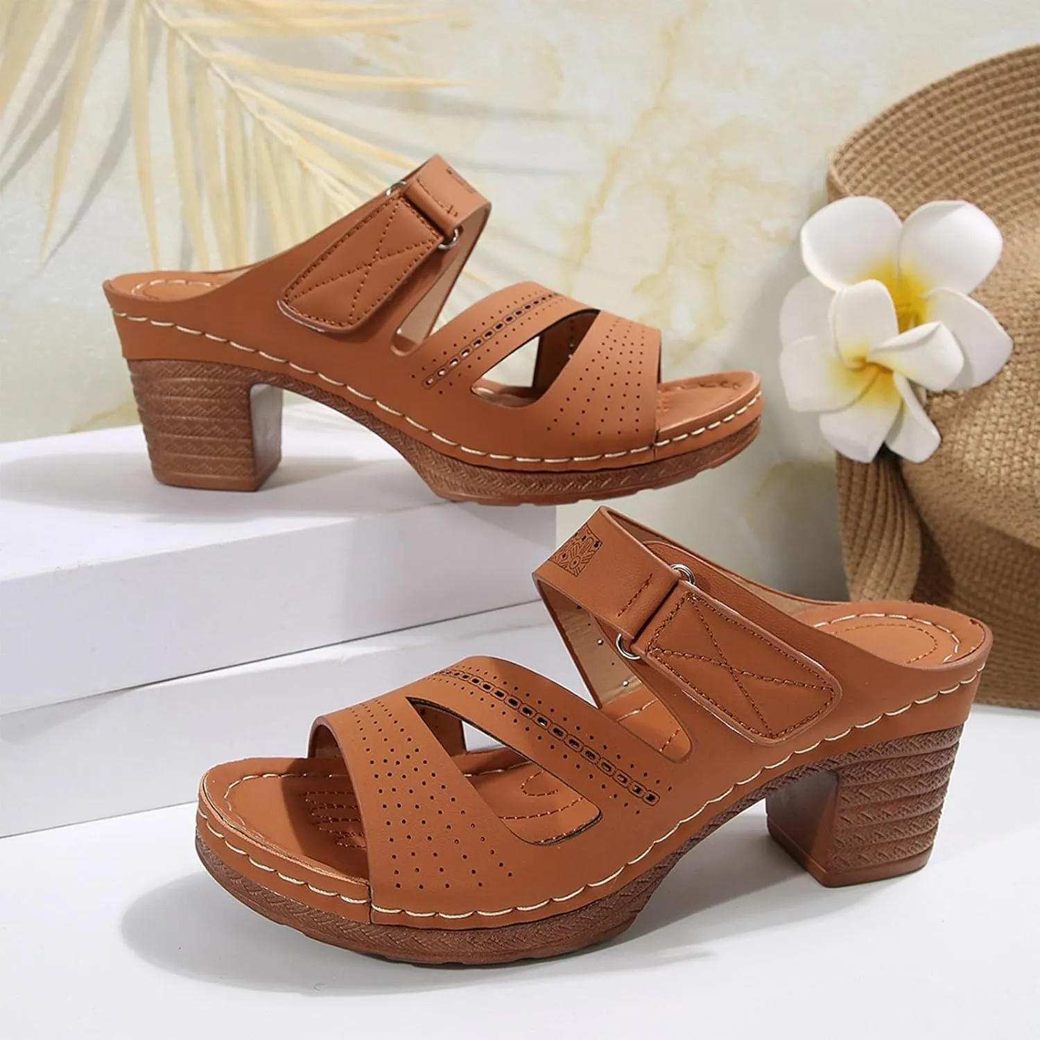 Women's Heeled Sandals Open Toe Casual Comfy Slipper 2025 Summer Hollow Out Low Block Chunky Heels Beach Walking Shoes