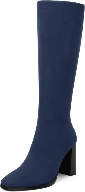 Womens High Heeled Knee High Boots, Square Toe Chunky Heel Knee-high Boots for Women, Fashion Dress Boots Zipper 3.5"