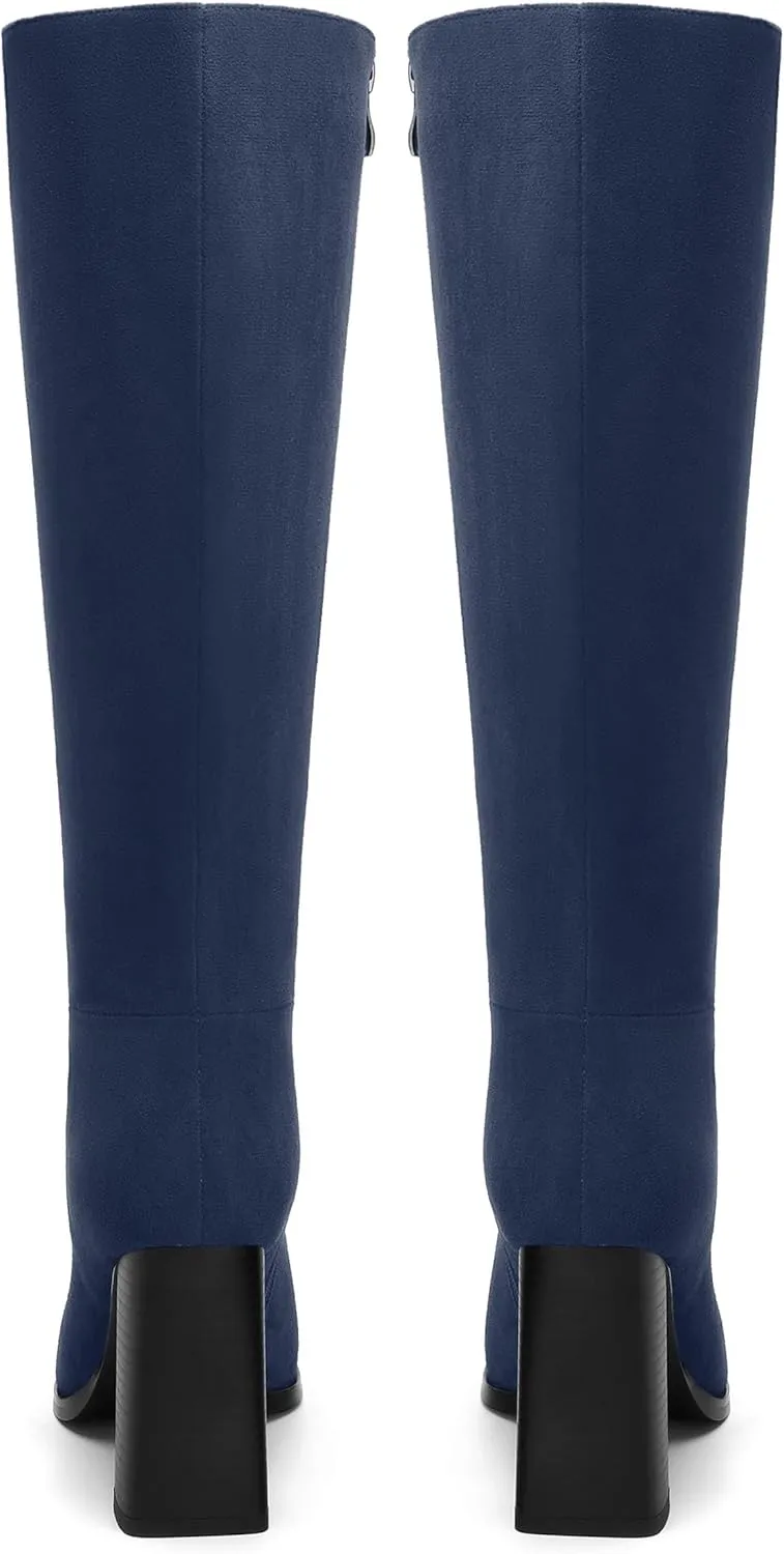 Womens High Heeled Knee High Boots, Square Toe Chunky Heel Knee-high Boots for Women, Fashion Dress Boots Zipper 3.5"