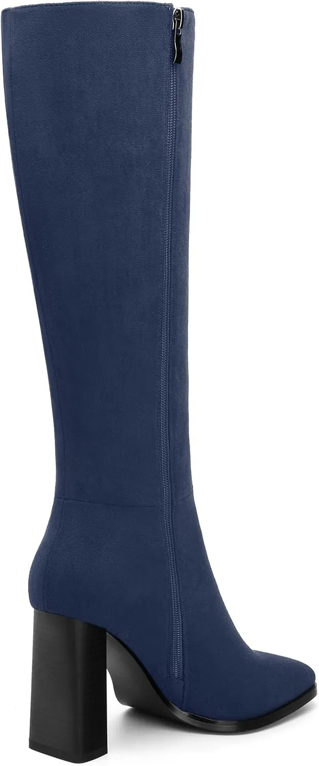 Womens High Heeled Knee High Boots, Square Toe Chunky Heel Knee-high Boots for Women, Fashion Dress Boots Zipper 3.5"