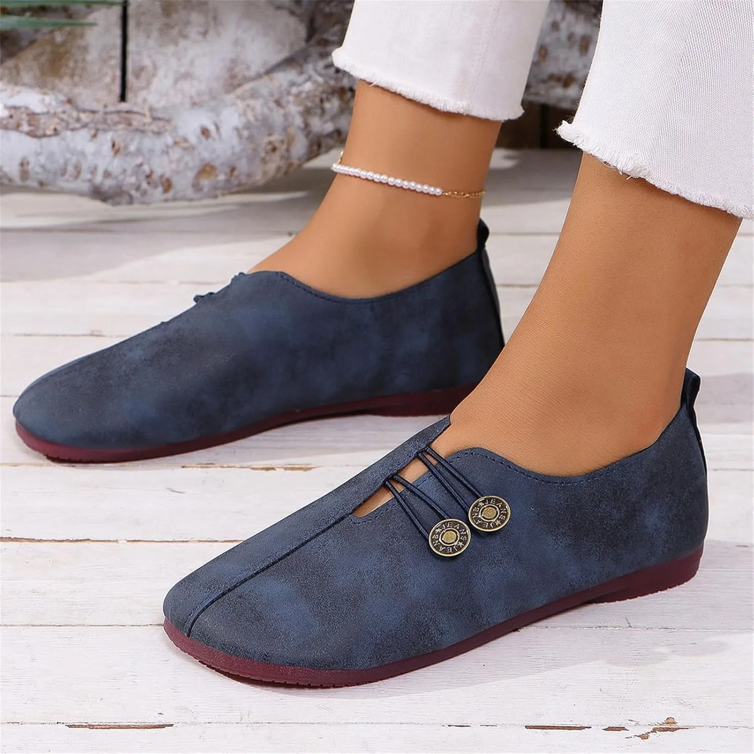 Womens Loafers Flats Shoes Comfortable Round Toe Flat Sandals Slip On Breathable Soft Cushion Lightweight Shoes with Button Detail for Everyday Elegance