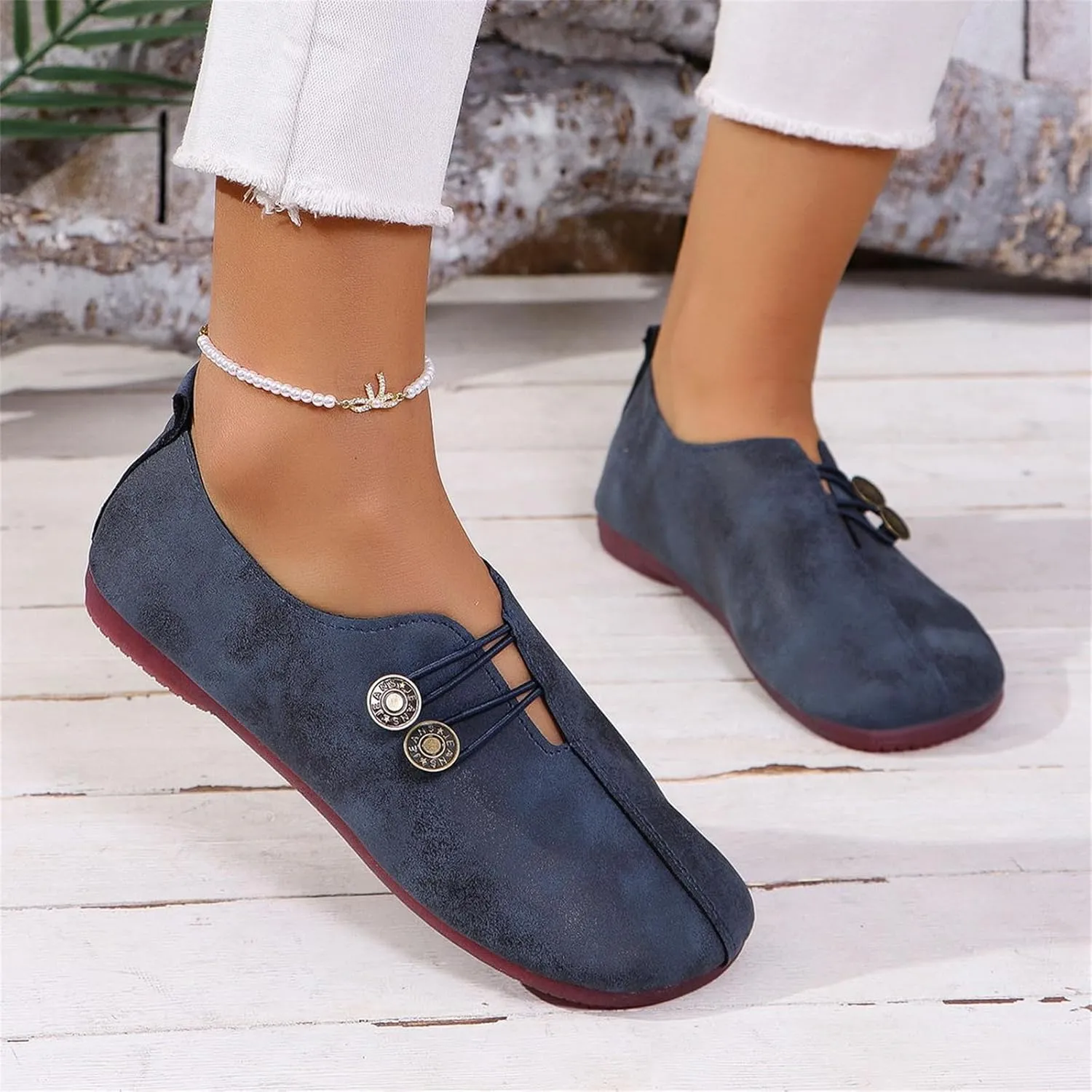 Womens Loafers Flats Shoes Comfortable Round Toe Flat Sandals Slip On Breathable Soft Cushion Lightweight Shoes with Button Detail for Everyday Elegance