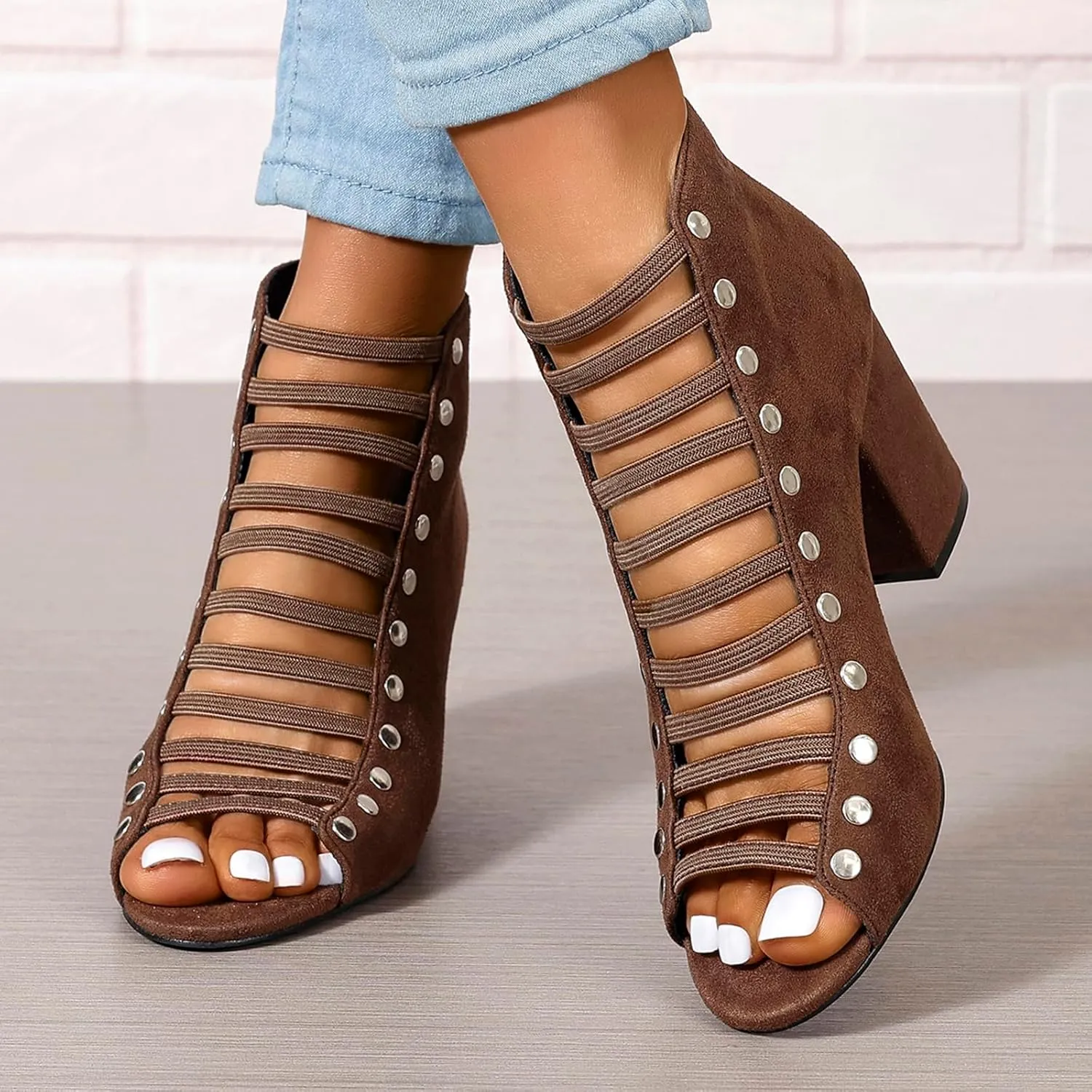 Women's Peep Toe High Chunky Heel Sandals Faux Suede Cutout High Heel Party Dress Booties